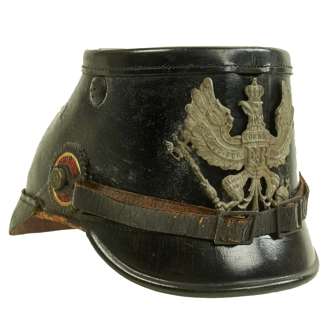 A wartime grey trim enlisted men's shako for Prussian units, Black leather  body, front and back visors. EM field-grey Prussian eagle front plate  attached by two loops with leather inserts, black and